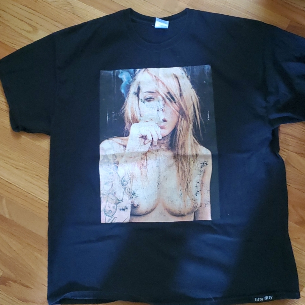 Front magazine 50 50 tshirt. Smoking girl